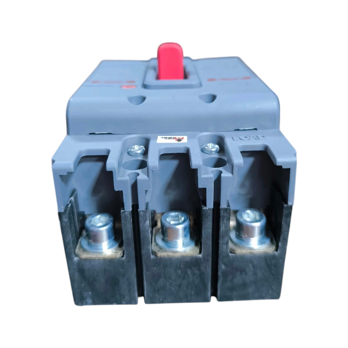 A three-phase electrical contactor with a gray plastic top casing, a red central handle, and three black terminal blocks with silver metal screws at the bottom, shown on a white background.
