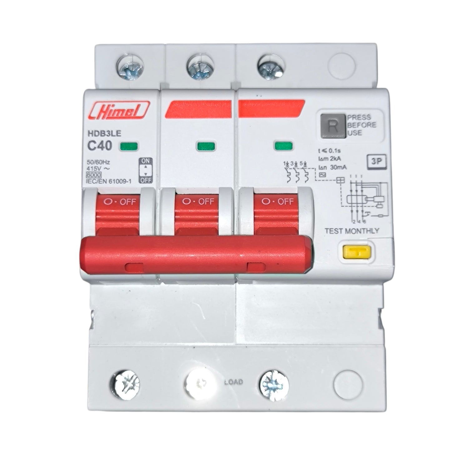Electrical circuit breaker with red and white design on a white background