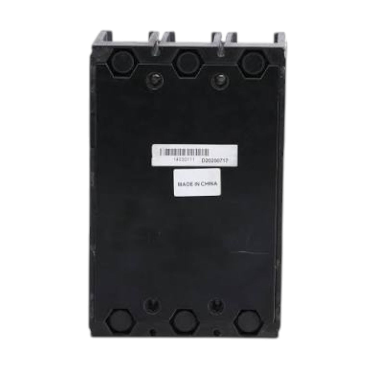A black plastic electrical component or terminal block with hexagonal screw terminals on the top and bottom, featuring a white barcode label in the center that reads 'MADE IN CHINA'.