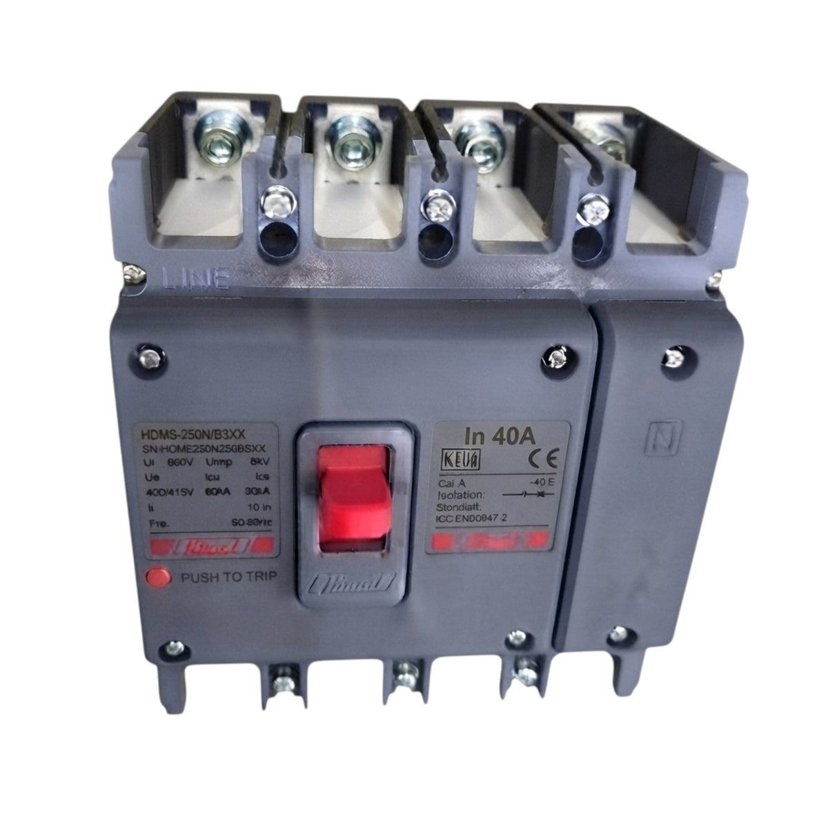 A compact modular electrical contactor with a gray plastic housing, featuring a red central switch toggle, technical specifications printed on the front, and terminal blocks at the top and bottom.