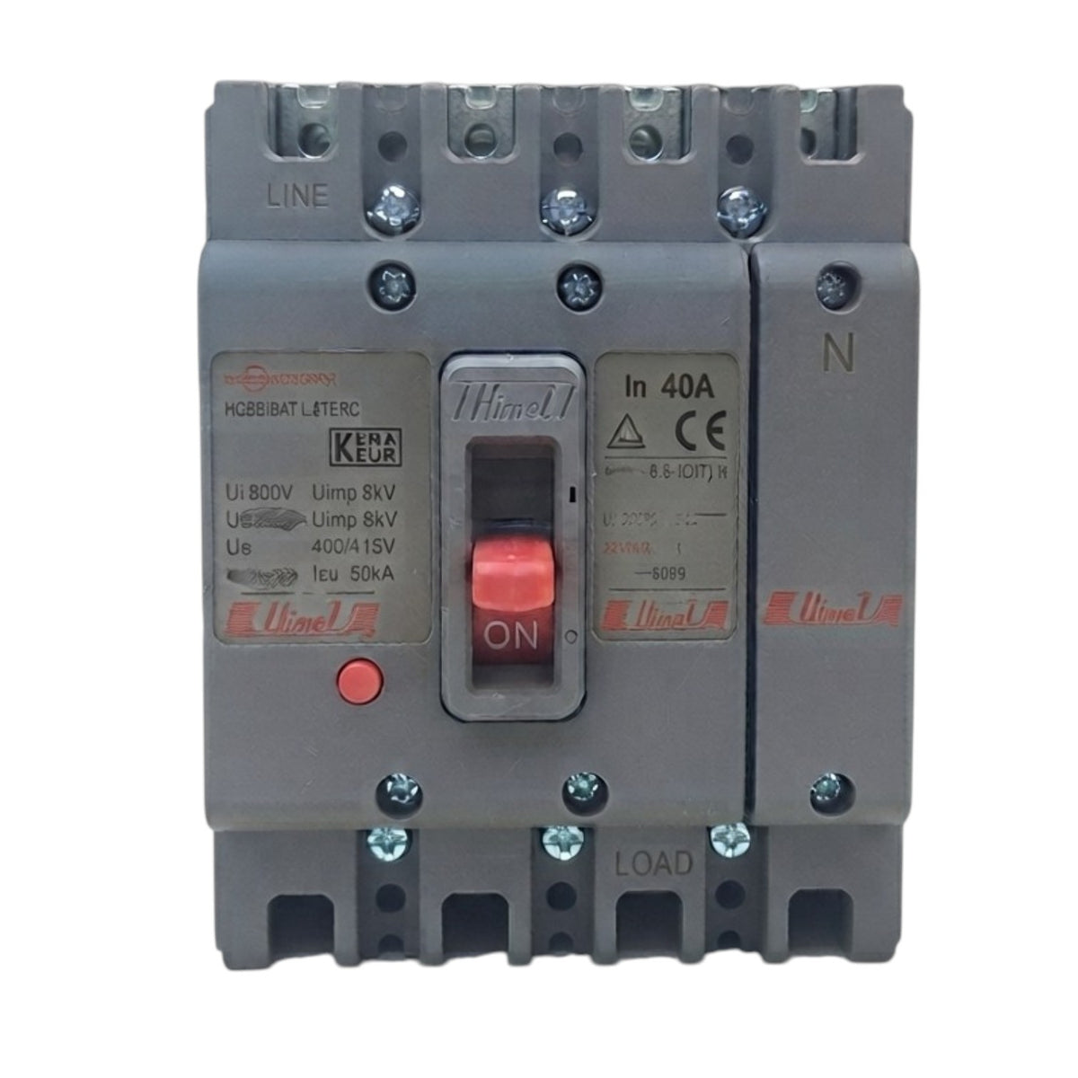 A compact modular electrical contactor with a gray plastic housing, featuring a red central switch toggle, technical specifications printed on the front, and terminal blocks at the top and bottom.