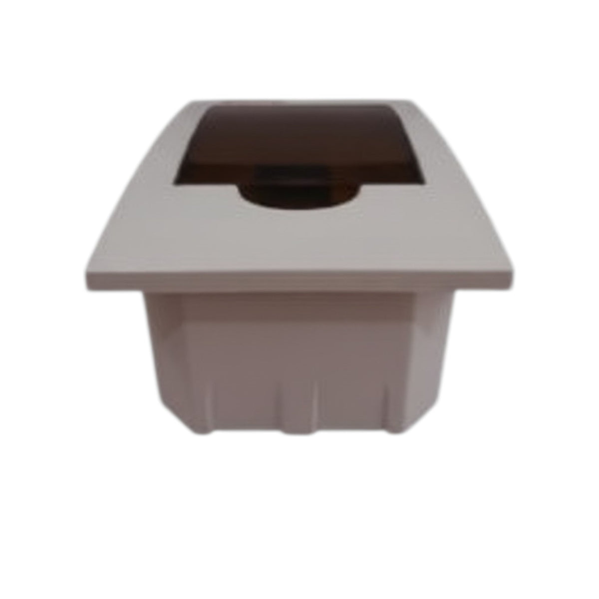 A square plastic container or bin with a hinged dark brown lid, shown against a plain white background.