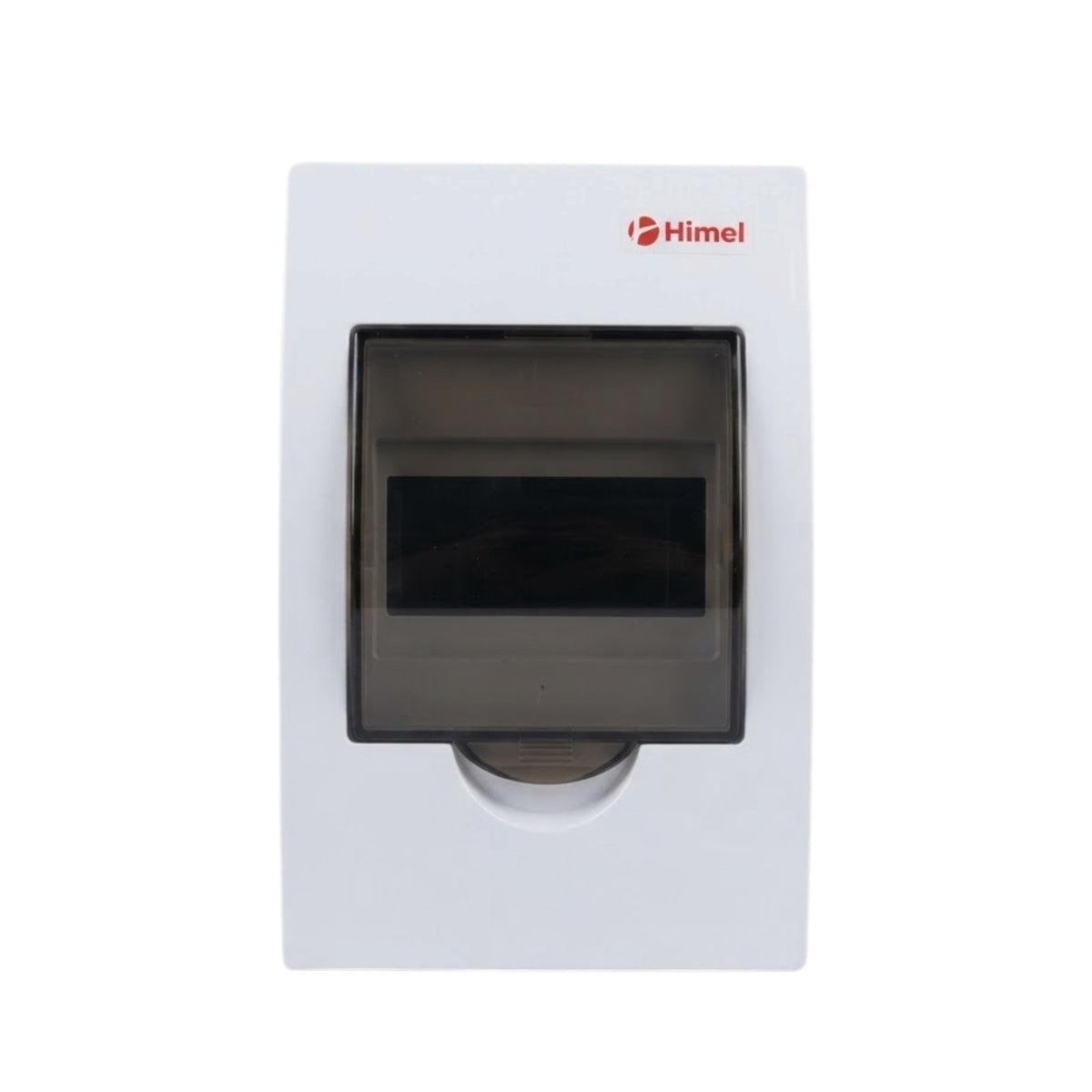 A white plastic electrical junction box cover with a dark translucent window, featuring the red 'Himel' brand logo in the top right corner.