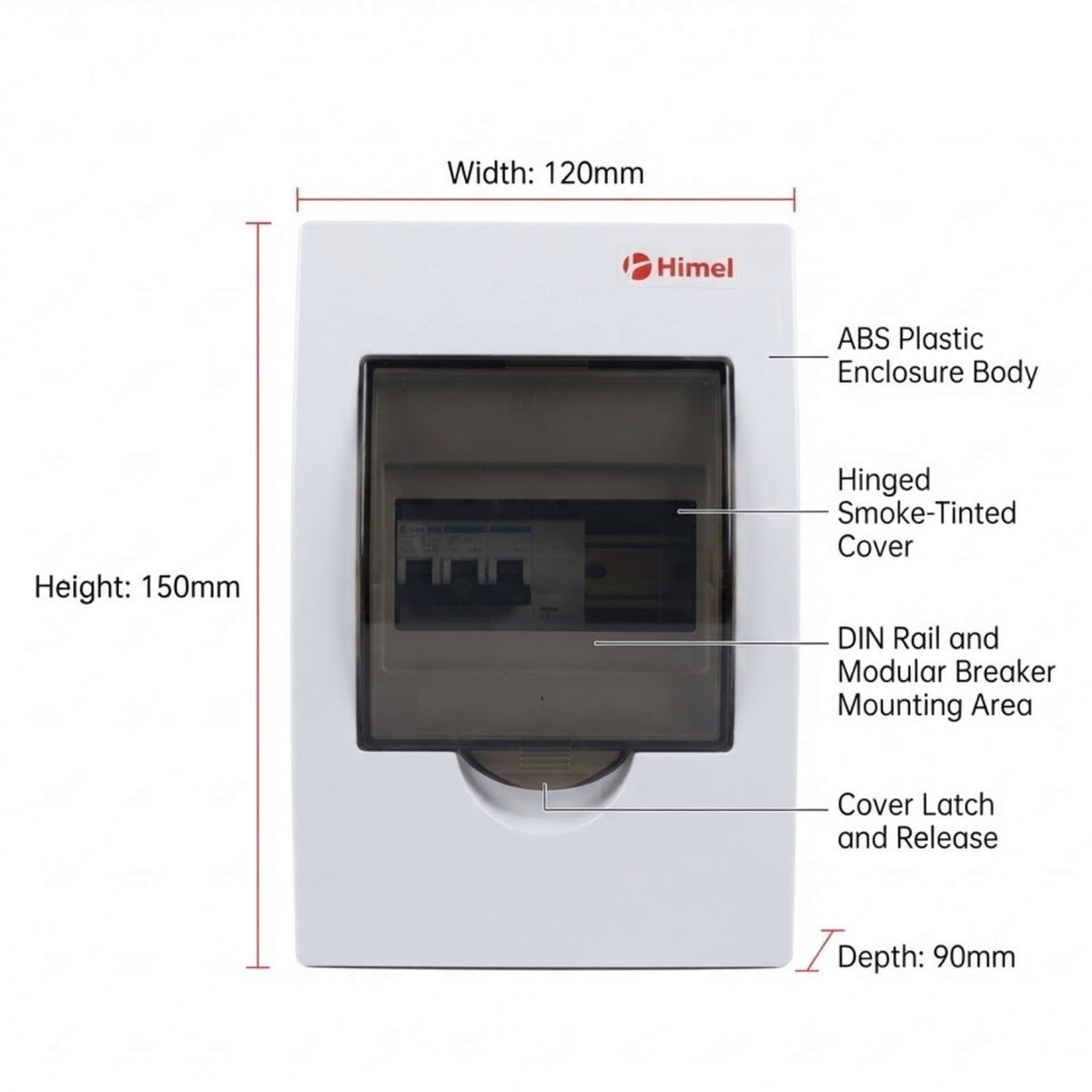 White Himel modular electrical distribution box with dimension annotations showing height of 150mm, width of 120mm, and depth of 90mm, on a white background.