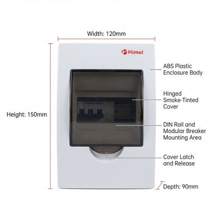 White Himel modular electrical distribution box with dimension annotations showing height of 150mm, width of 120mm, and depth of 90mm, on a white background.