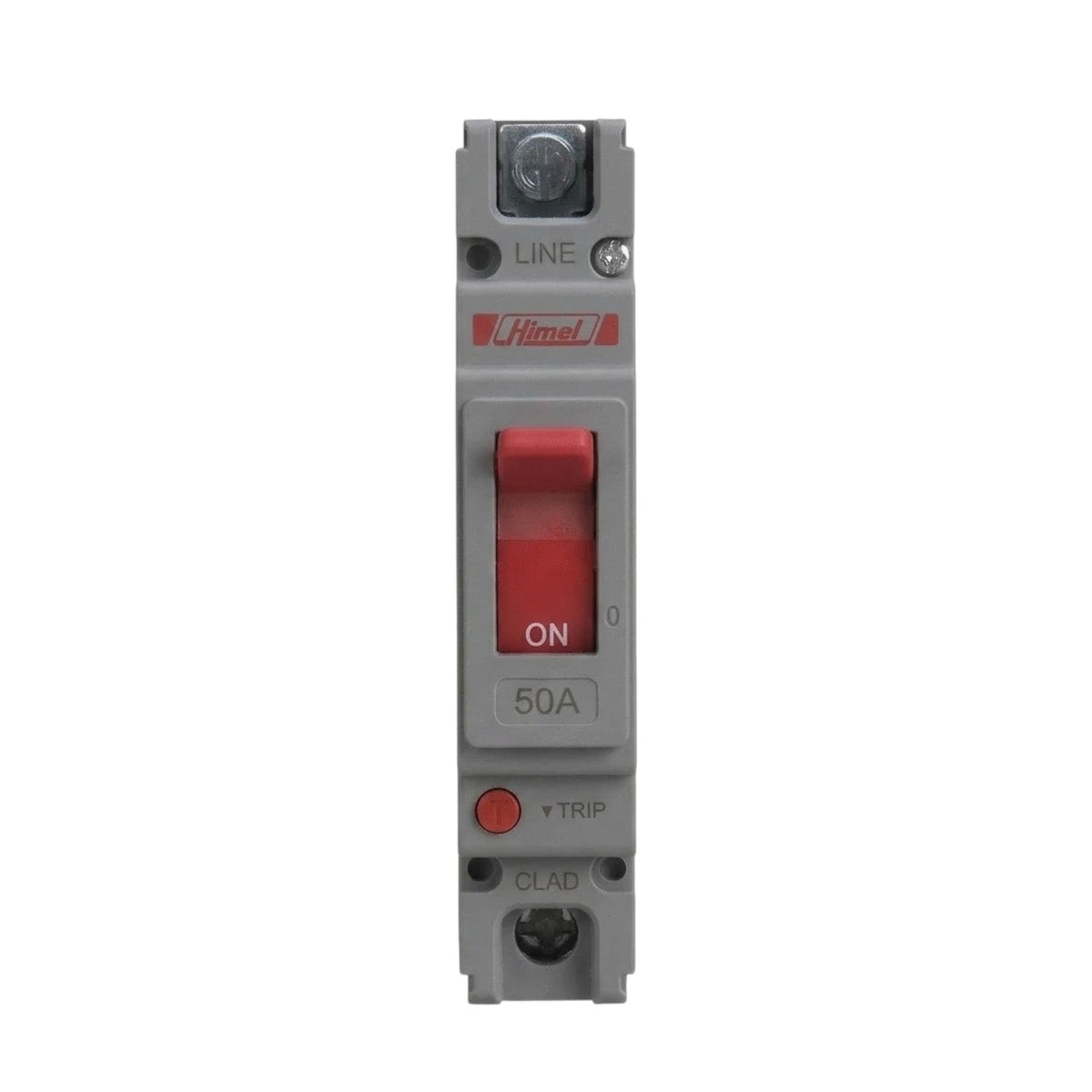 A Hinkley 50A circuit breaker with a gray plastic housing, a red ON switch, and red and black terminal labels, shown against a plain white background.