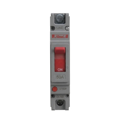 A Hinkley 50A circuit breaker with a gray plastic housing, a red ON switch, and red and black terminal labels, shown against a plain white background.