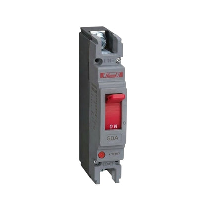 A Siemens 50A circuit breaker with a gray plastic housing, a red switch handle in the ON position, and red trip buttons, shown on a plain white background.