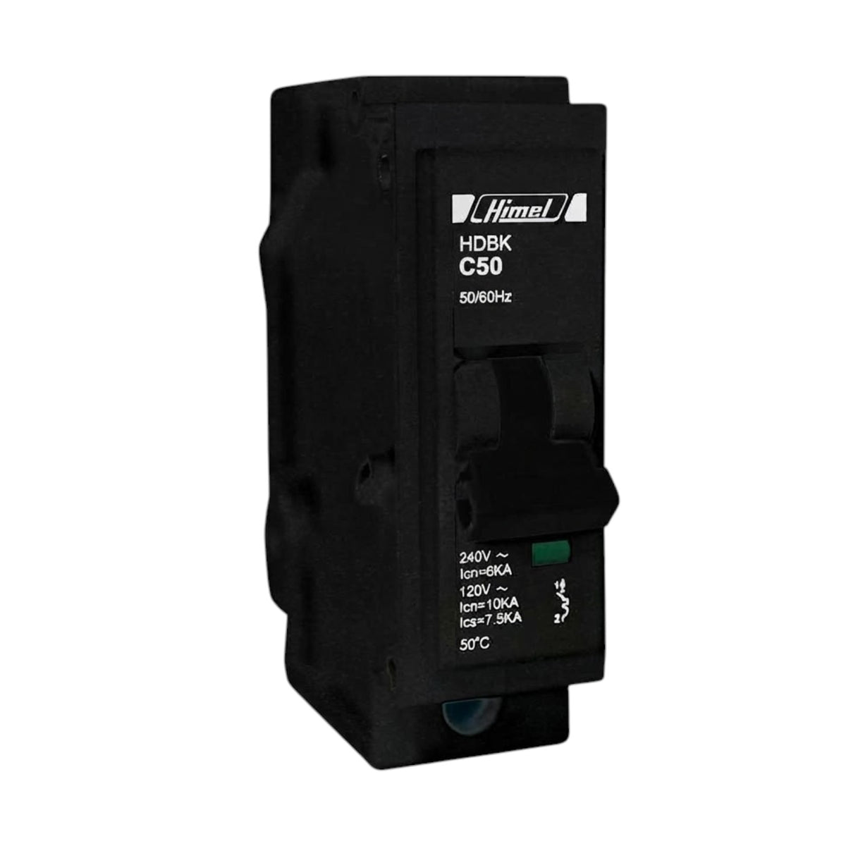 A black HimeL HDBK C10 50/60Hz circuit breaker module, shown at a three-quarter angle on a plain white background.