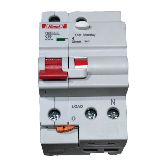 Electrical circuit breaker with red and gray switches on a white background