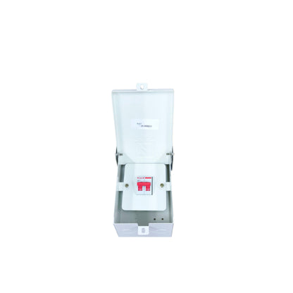 White electronic device with a red logo on a white background
