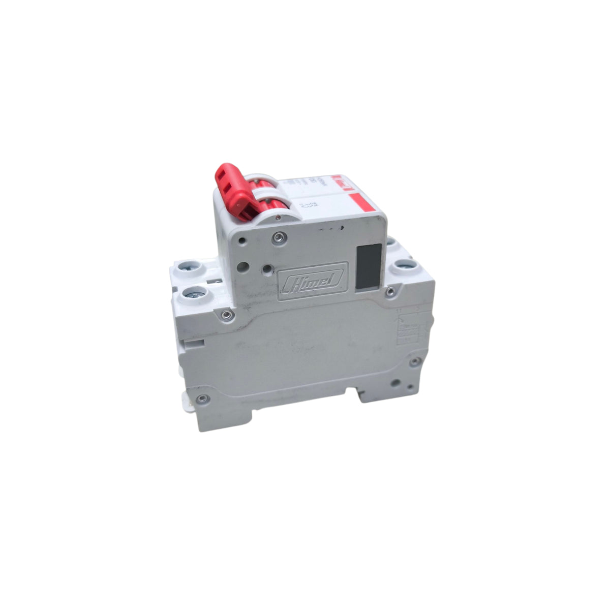 Electrical circuit breaker with a red handle on a white background
