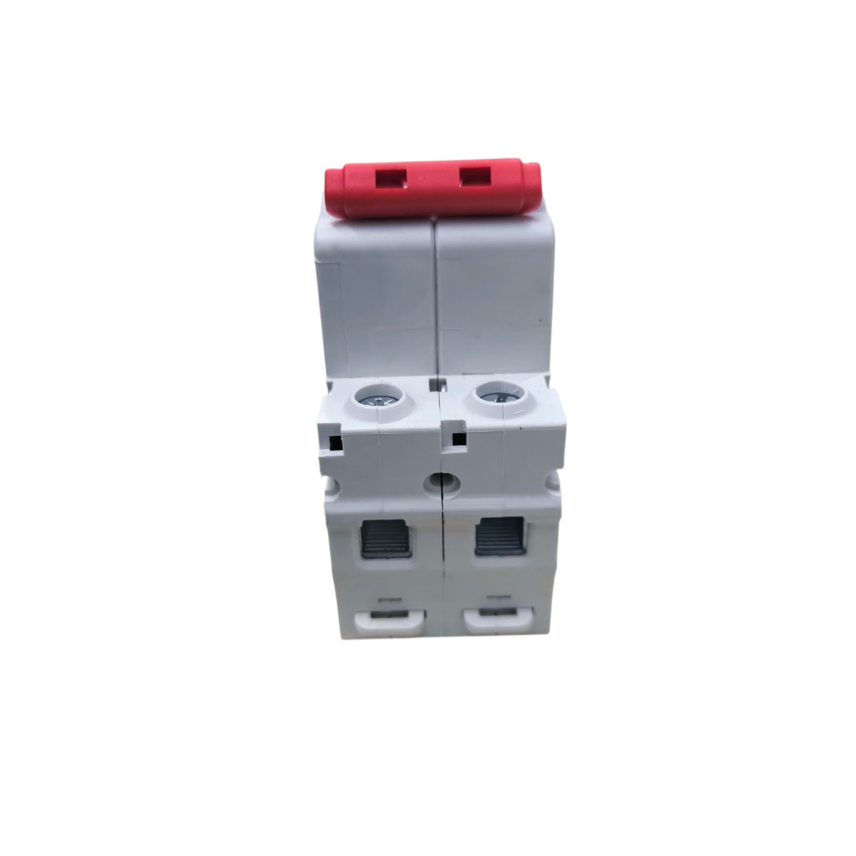 White electrical circuit breaker with red handle on a white background