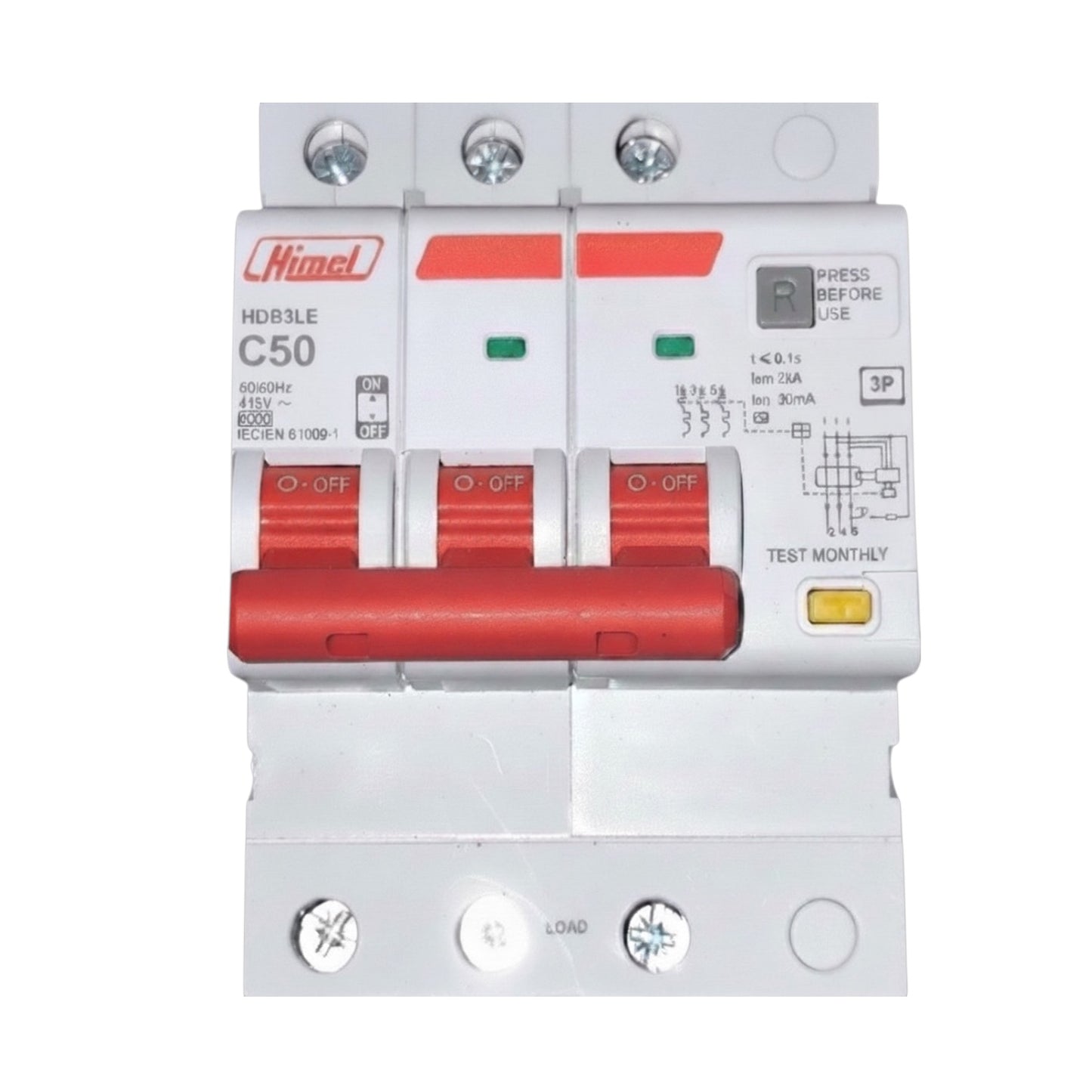 A Himek HDB3LE C50 three-way circuit breaker with red handles and red accent strips on a white plastic housing, shown against a plain white background.