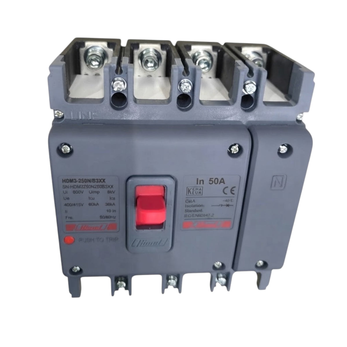 A three-pole circuit breaker with a gray plastic housing, silver metal terminal caps, and a prominent red switch handle, shown against a plain white background.