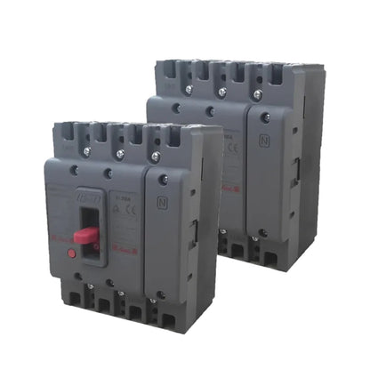 Two gray electrical circuit breakers shown on a plain white background, with one in front and one behind. The front breaker has a red handle and visible red printed markings, including the brand name 'Murr Elektronik'.
