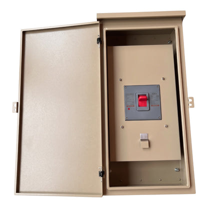 A beige metal electrical distribution box with its door open, showing an internal circuit breaker panel with a red switch and gray control plate.
