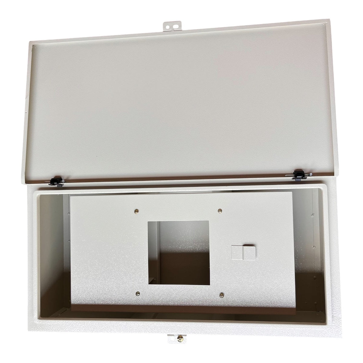 A white metal electrical junction box with its lid open, showing a white mounting bracket inside, set against a plain white background.