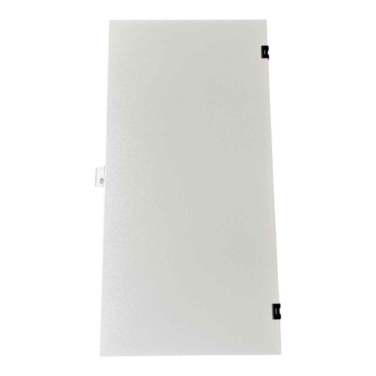 A rectangular white textured panel or door with small black hardware clips at the top right and bottom right, shown on a plain white background.