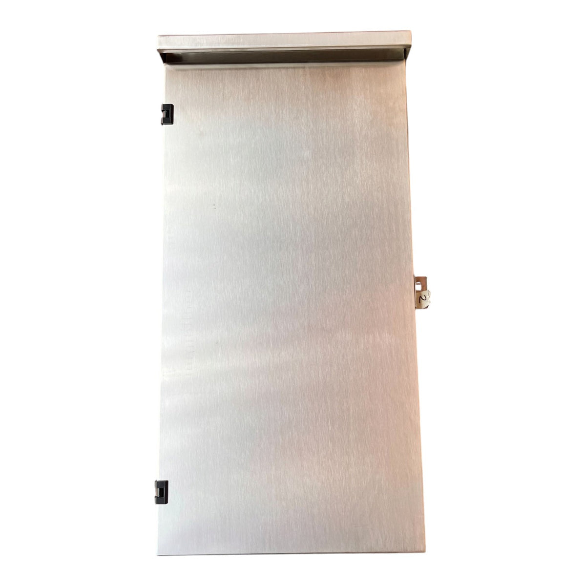 A brushed stainless steel cabinet door with a top mounting bracket, side hinges, and a small latch on the right side, shown against a plain white background.