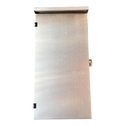 A brushed stainless steel cabinet door with a top mounting bracket, side hinges, and a small latch on the right side, shown against a plain white background.