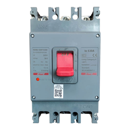 A gray electrical circuit breaker with a prominent red central switch labeled OFF, featuring technical specifications and a QR code on the front panel.