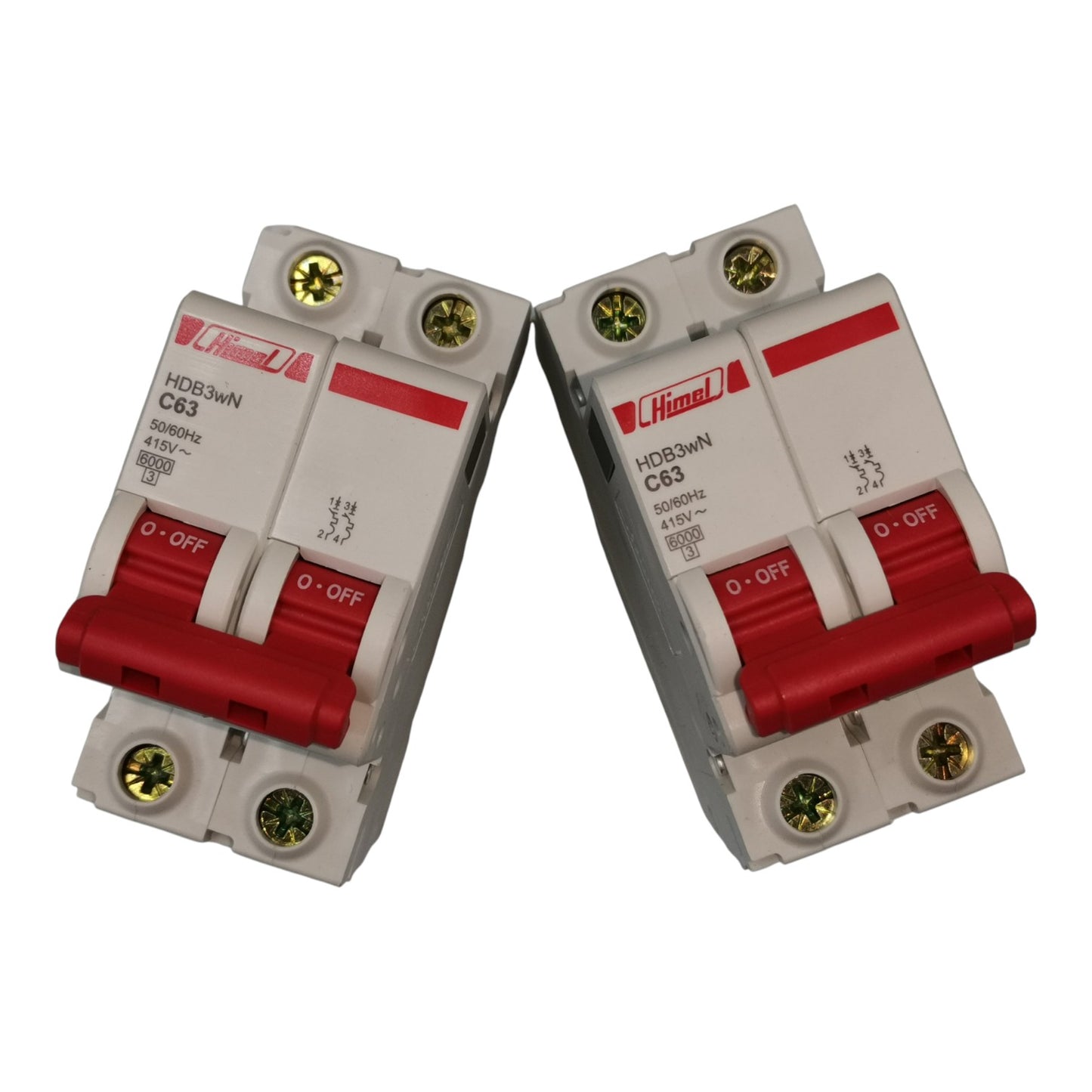 Two electrical circuit breakers with red and gray design on a white background