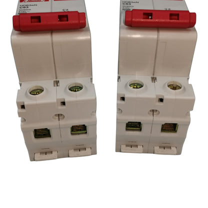 Two electrical circuit breakers with red and white design on a white background