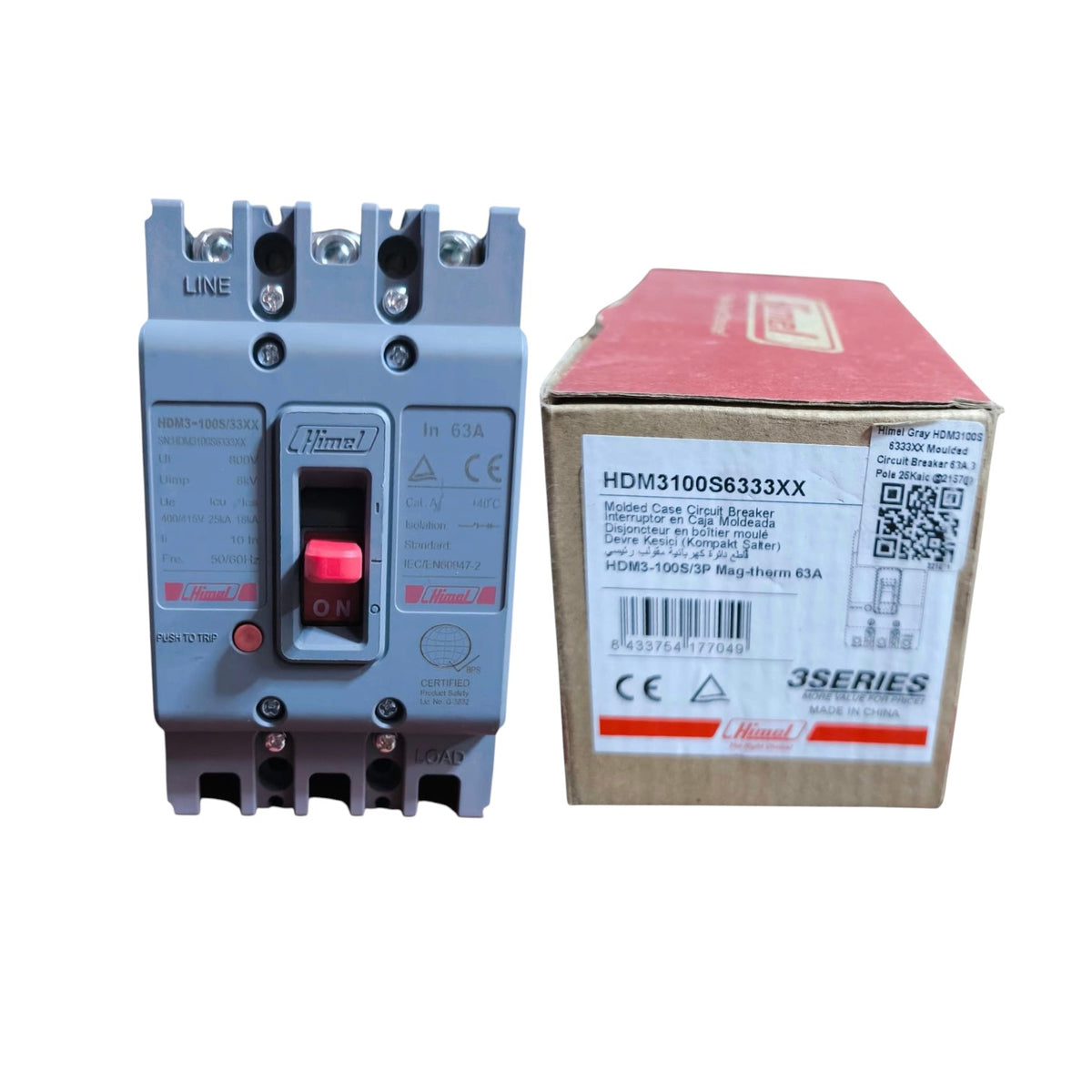 A Hamel 3SERIES molded case circuit breaker shown next to its original cardboard packaging box on a plain white background.