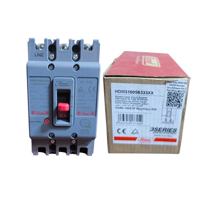 A Hamel 3SERIES molded case circuit breaker shown next to its original cardboard packaging box on a plain white background.