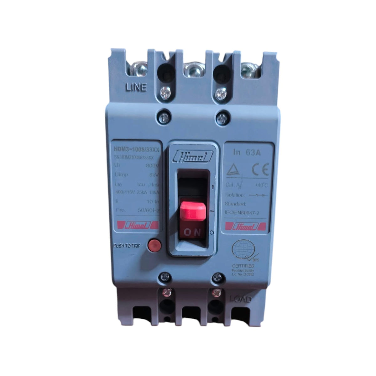 A Himmelfrund electrical circuit breaker with a gray plastic housing, featuring a red ON switch and terminal blocks at the top and bottom, shown against a plain white background.