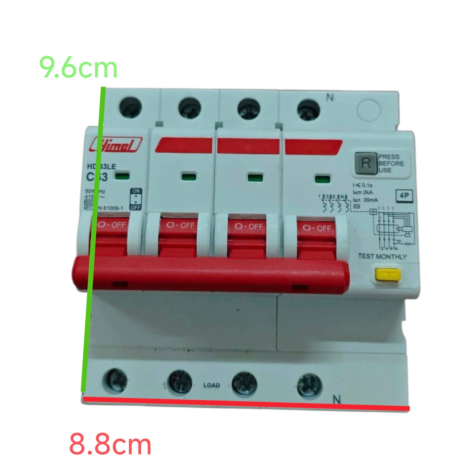 Electrical circuit breaker with dimensions labeled on a white background