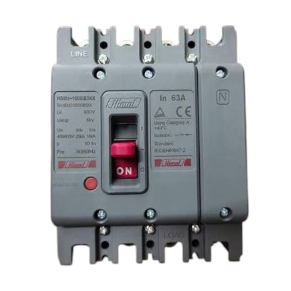 A Hombi brand industrial circuit breaker with a gray plastic housing, featuring a central red and gray ON switch, terminal markings, and technical specifications printed on the front.