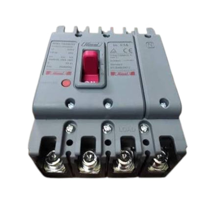 A gray industrial electrical circuit breaker with a red central handle and metal terminal screws at the bottom, shown on a plain white background.
