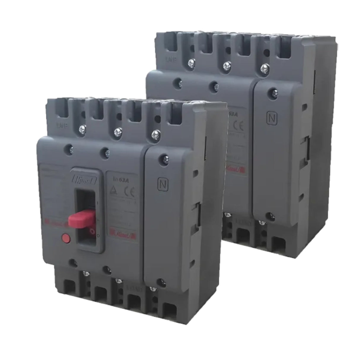 Two gray electrical circuit breakers, one showing the front switch handle and one showing the side profile, on a white background.