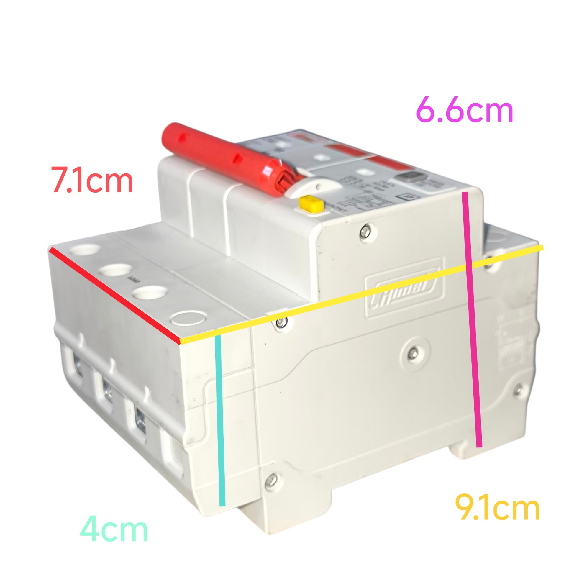 White electrical switch with measurements on a white background