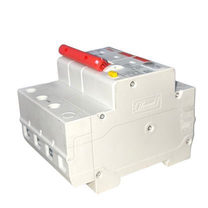 Electrical circuit breaker with red handle on a white background