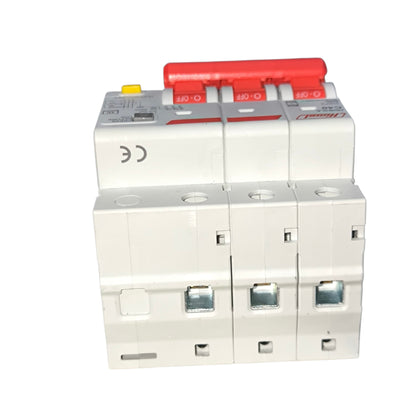 Stack of white electrical circuit breakers with red and yellow labels on a white background