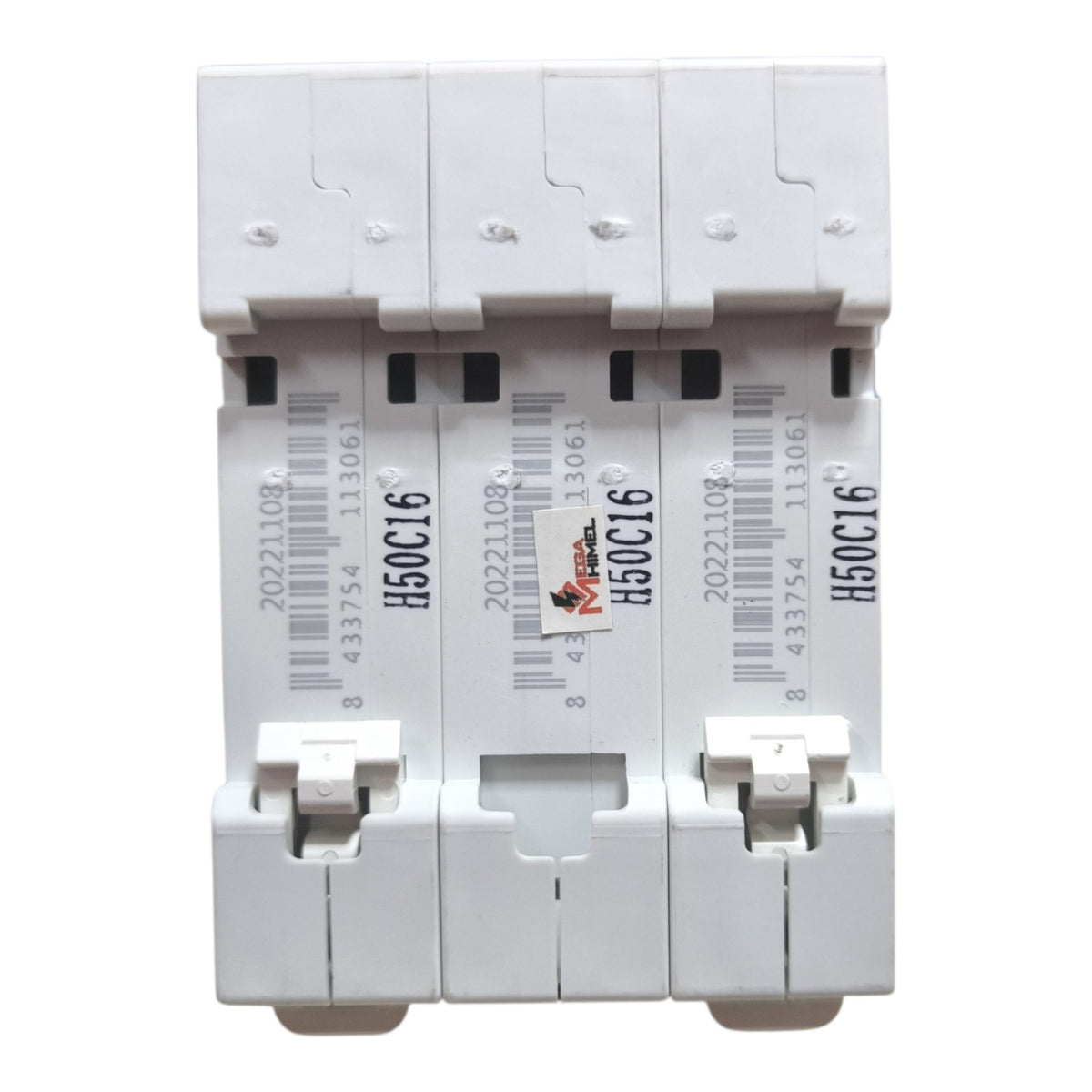 Three white molded circuit breakers in a 3-pole inline configuration, featuring printed specifications and serial numbers on the front faces.