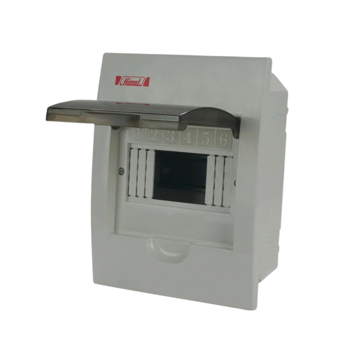 A white plastic electrical distribution board or switch box with a hinged metal cover swung open to the left, featuring a red and white Hinkley logo on the front.