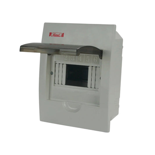 A white plastic electrical distribution board or switch box with a hinged metal cover swung open to the left, featuring a red and white Hinkley logo on the front.