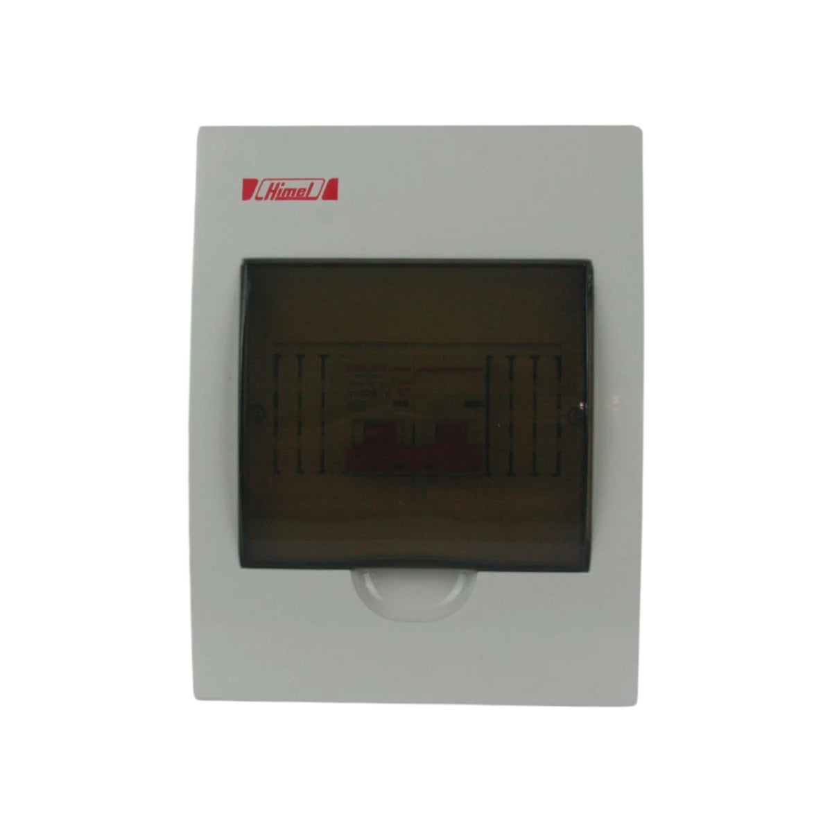 A white electrical distribution board cover with a dark translucent front door and a red Himm logo, shown against a plain white background.