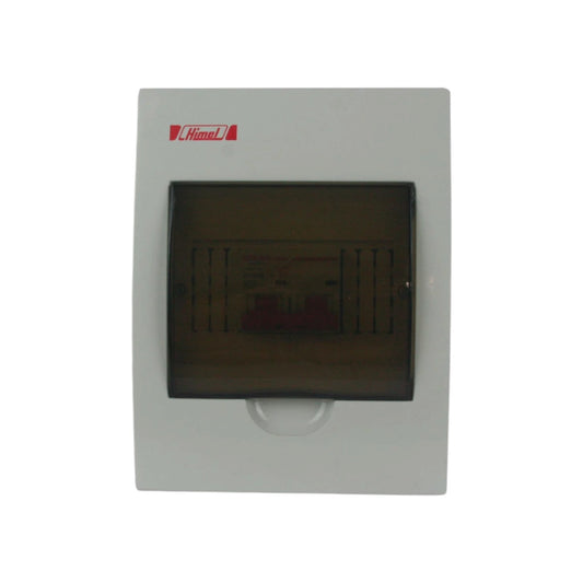 A white electrical distribution board cover with a dark translucent front door and a red Himm logo, shown against a plain white background.