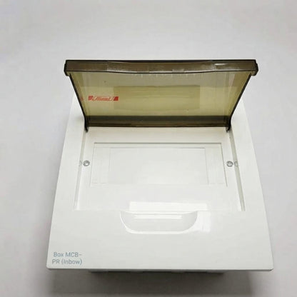 A white plastic electrical outlet box cover with a translucent amber-tinted lid, shown open against a light gray background.