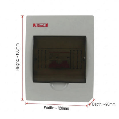 A white electrical distribution board cover with a dark translucent front door, shown with red dimension arrows and labels indicating height ~160mm, width ~120mm, and depth ~90mm on a white background.