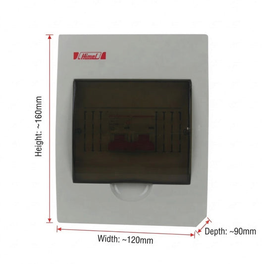 A white electrical distribution board cover with a dark translucent front door, shown with red dimension arrows and labels indicating height ~160mm, width ~120mm, and depth ~90mm on a white background.