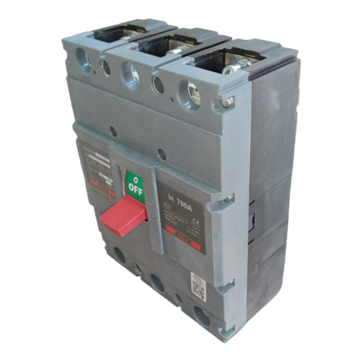 A modular industrial electrical circuit breaker module, featuring a gray plastic housing with a red lever switch in the 'OFF' position and technical labels.