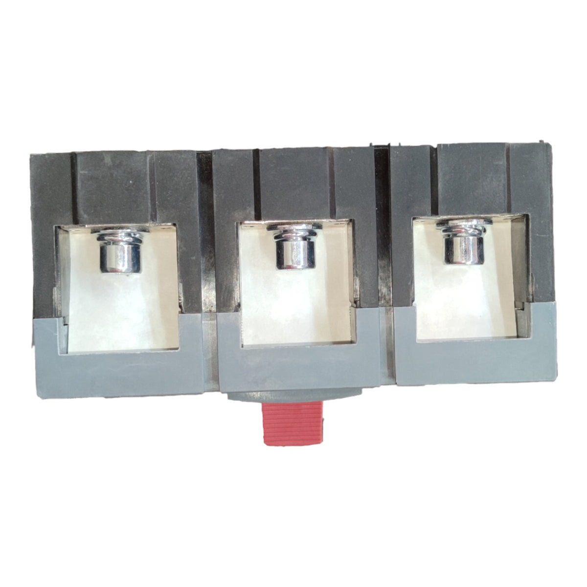 A three-light linear wall light fixture with a gray and black metal housing, three individual light compartments with silver reflectors and bulbs, and a red threaded connector at the bottom, shown on a white background.