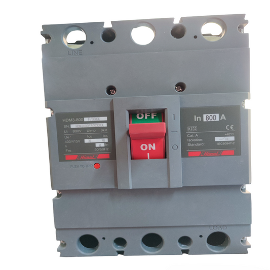 Himel 800A Industrial Circuit Breaker 3 Phase with red on off switch in gray casing