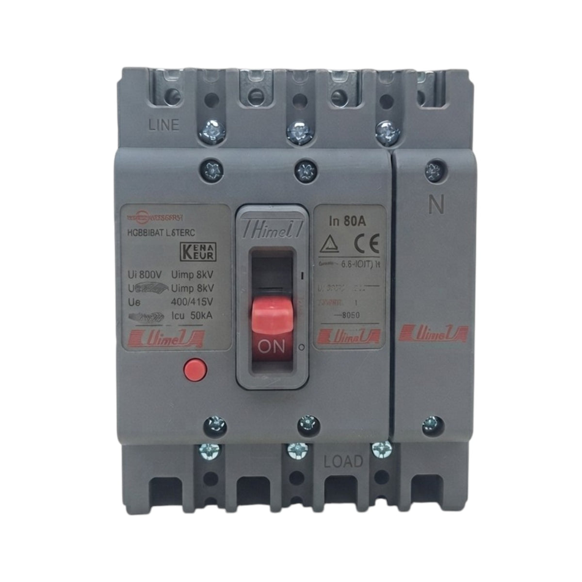 A Hombi electric circuit breaker with a gray plastic housing, featuring a red toggle switch, red brand logos, and terminal markings for Line, N, and Load.